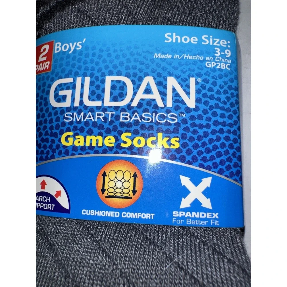 Gildan Boys size 3-9 Game Socks 2 pair No Show Black Gray Arch Support Cushioned